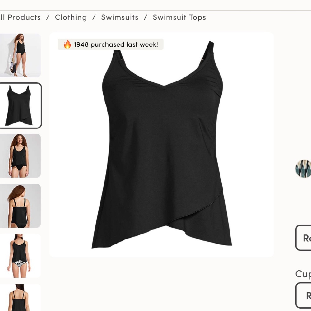 Lands' End Black Tulip Hem Flutter Tankini Swim Top NWOT
